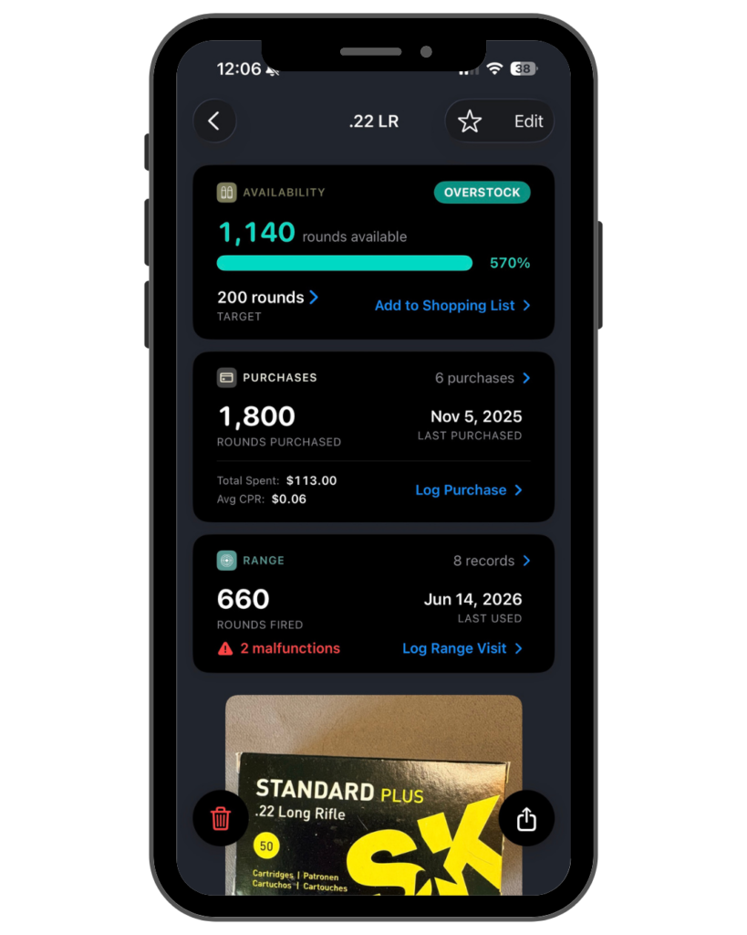 Ammo details screen with rounds available, rounds purchased, and rounds shot.