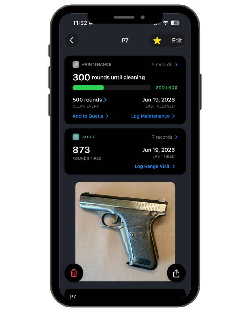 Firearm details screen with rounds until maintenance and range shot