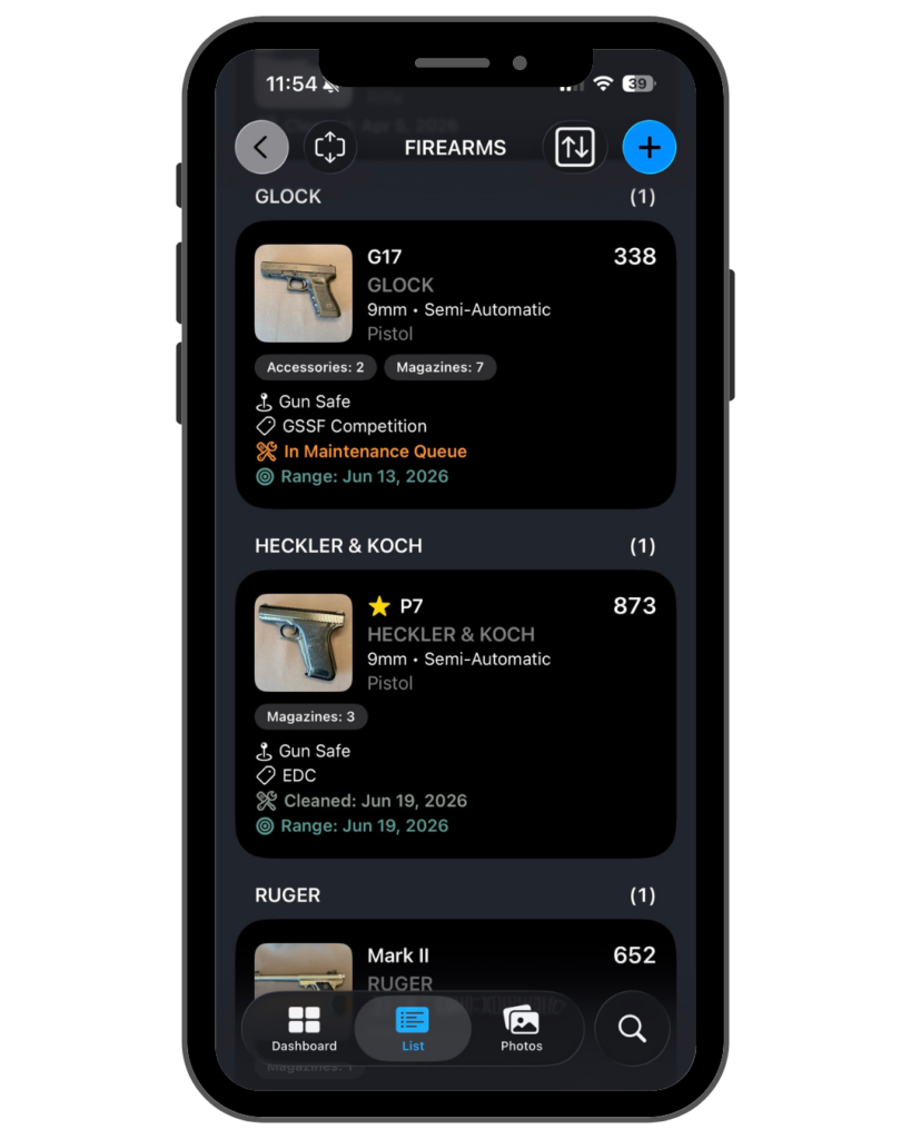 Firearms list showing list of guns with gun details and round counts