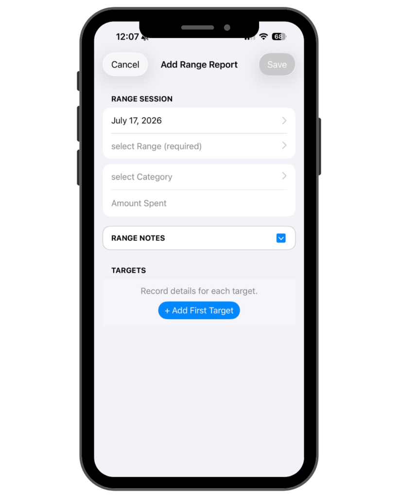 Add Range Report Screen that shows fields and button to add target