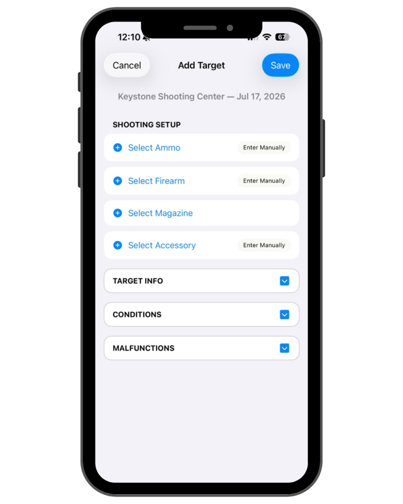 Add target screen with shooting setup, target info, conditions, and malfunctions