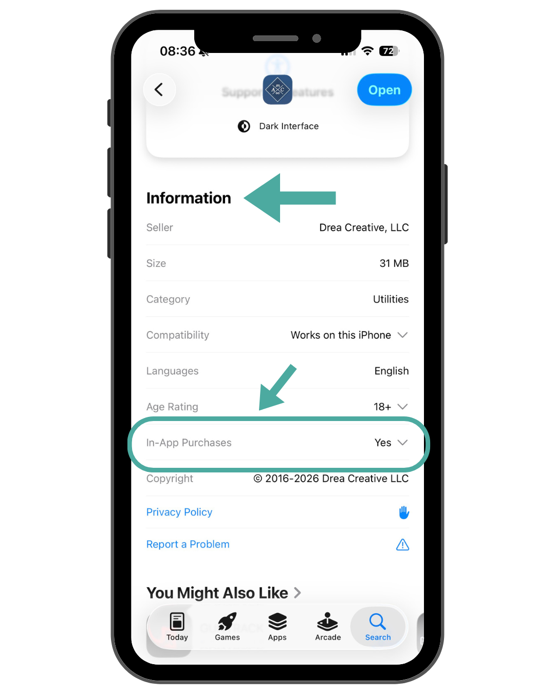 App Store screenshot showing where to find myArmsCache subscription pricing by tapping "In-App Purchases."